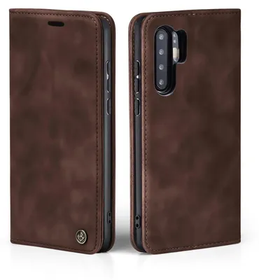 A brown flip case for a smartphone is shown from two angles.