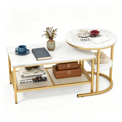 Produktbild von KOMFOTTEU Couchtisch 2er Set, rechteckige und runde Wohnzimmertische mit 2 Ablagen, Sofatisch aus Stahl mit Marmoroptik, moderner Satztisch für Wohnzimmer, Schlafzimmer, Weiß