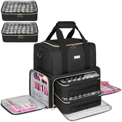 Image de Trousse à vernis à ongles, trousse de rangement double épaisseur pouvant contenir 80 flacons de vernis à ongles (15 ml) et une lampe à vernis, grande trousse de maquillage avec compartiments, noire