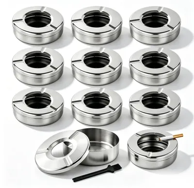 Aschenbecher aus Edelstahl, 10 Stück, mit Deckel und Reinigungsbürste