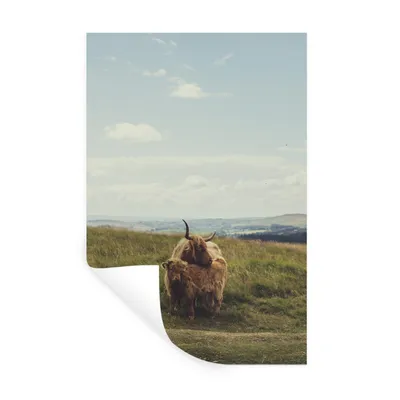 Produktbild von MuchoWow® Wandtattoo Wandsticker Wandaufkleber Schottische Highlander - Gras - Wolken - Tiere 60x90 cm Selbstklebend und Repositionierbar - Sticker - Dekorfolie