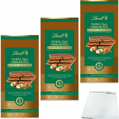 Obrázok produktu pre Lindt Dubai Style Čokoláda Cashew-Haselnuss 3er Pack (3x150g Tabuľka) + usy Block