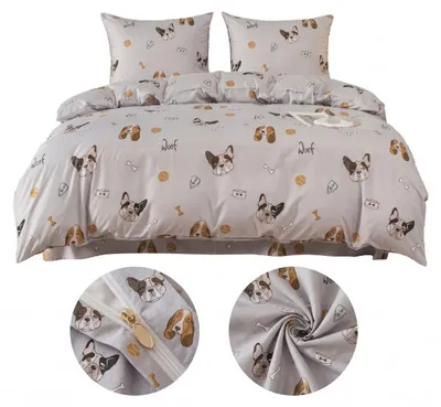 Produktbild von Bettwäsche 140x200 mit Motiv "Französische Bulldogge", grau + 2 Kopfkissenbezüge 70x80. Komplettes Bettwäsche-Set