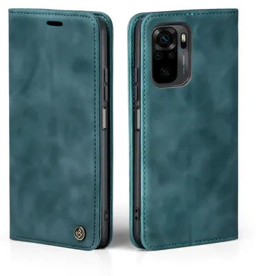 A teal flip cover phone case for a Xiaomi Redmi Note 10 is shown from two angles.