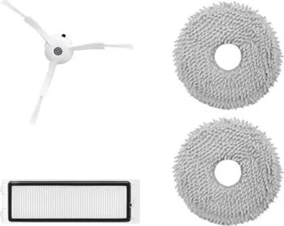 A collection of robot vacuum cleaner accessories, including brushes, filters, and mop pads, arranged on a white background.