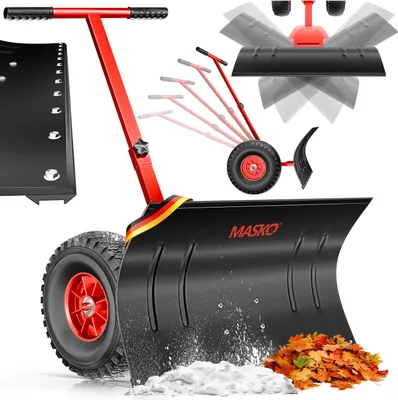 Produktbild von MASKO® Schneeschaufel auf Rädern höhenverstellbar - 5-Fach Höhenverstellbar Schneeräumen, rückenschonender Schneeschieber, Schneeschild 75 cm Arbeitsbreite-Höhe 42 cm, platzsparend zusammenklappbar