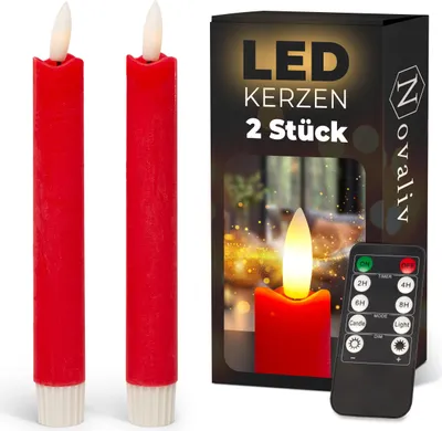 Produktbild von Stabkerzen LED mit Timer ROT 2er indoor mit 6 Stunden Timer - ECHTWACHS 18cm Höhe für Kerzen 2,2cm Durchmesser 2 AAA Batterien notwendig LED Stabkerzen flackernde Flamme bewegliche Flamme