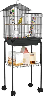 Image de Cage pour oiseaux - Avec roulettes - Acier - Mangeoires et crochets - 46x36x120 cm - Noir