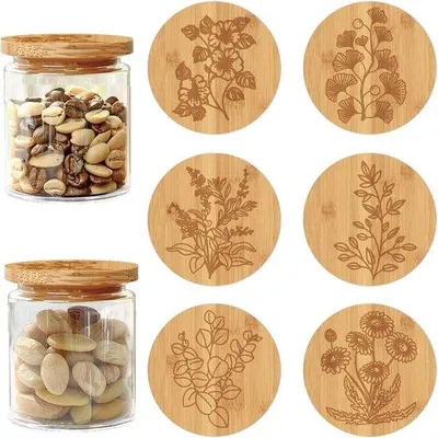 Image de Couvercles en bambou naturel pour pots à yaourt - Réutilisables - Emboîtements de 5 cm - Plantes aromatiques - Décoratifs - Fermeture hermétique - Anneaux en silicone - Lot de 6 - Bouteille ronde