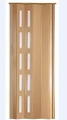 A closed folding door with glass panels.