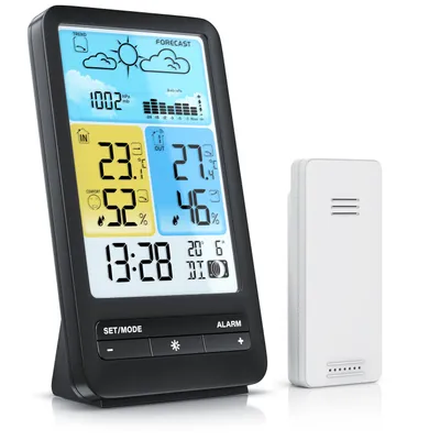 Produktbild von BEARWARE - Wetterstation Funk mit Farbdisplay und Außensensor - DCF Signal - DST - Innen und Außentemperatur - Temperaturwarnung Alarm Frostalarm - (relativer) Luftdruck - Barometer - Temperaturtrend