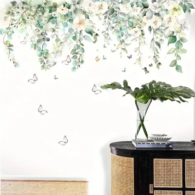 Produktbild von Florale Wandtattoos mit Schmetterlingen – Selbstklebender Wandaufkleber im Blumenranken Design, Dekor für Küche, Fenster & Wohnzimmer