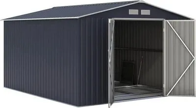 Image de Abri de jardin en métal, 8,84 m², 277 x 319 x 202 cm, VELASCO, Kit d'ancrage inclus, 2 portes battantes, Gris