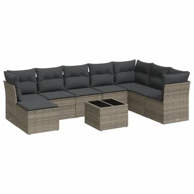 Produktbild von vidaXL 9-tlg. Garten-Sofagarnitur mit Kissen Grau Poly Rattan