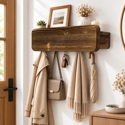 Schlüsselhalter aus Holz mit Ablage, 12 Haken, dunkelbraun