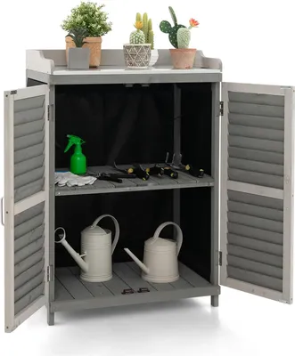 Produktbild von GOPLUS Gartenschrank Tannenholz, mit 2 magnetischen Türen & 1 Einlegeboden, Geräteschrank Gartenschuppen 67 x 47 x 100 cm, Grau