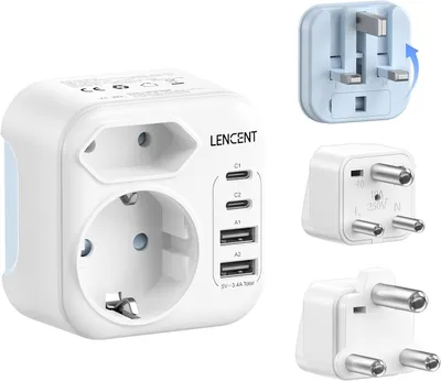 Produktbild von Reiseadapter Typ D - G und M mit 2 USB-C- und 2 USB-A-Anschlüssen