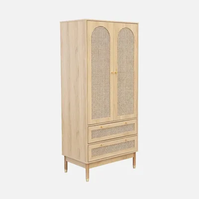 A freestanding wardrobe with two doors and two drawers, set against a plain white background.