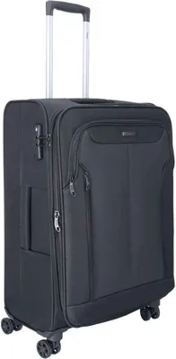 A black rolling suitcase is shown against a white background.