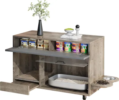 Produktbild von Zimilo Katzenklo Schrank Beweglich, 100×45,5×67 cm, mit Sand Auffangschale, Acryl-Tür, Schublade, Futtertellern, Geruchsdicht, Modernes Design
