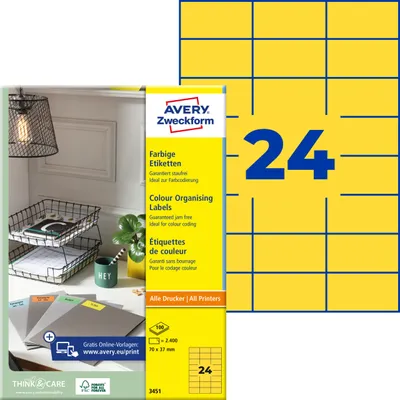 Produktbild von Avery Zweckform 3451, Farbige Etiketten, A4, 70 x 37 mm, 2.400 Etiketten / 100 Bögen, gelb