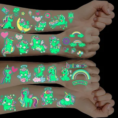 Produktbild von Temporäre Tattoos Kinder Einhorn Feuerwerkstattoo Leuchtend - 10 Bögen - Wasserfest - Für Kinderpartys