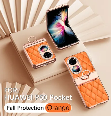Produktbild von Leder Hülle für Huawei P50 Pocket mit Ringhalterung, Luxus Glitzer Bling Überzug Scharnierschutz Handyhülle Orange