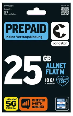 Produktbild von congstar Prepaid Allnet M mit doppeltem Startguthaben: 25 GB Datenvolumen & Flatrate für Telefonie und SMS, 5G-Speed, EU-Roaming