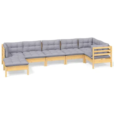 Produktbild von 7-tlg. Garten-Lounge-Set mit Grauen Kissen Kiefer Massivholz