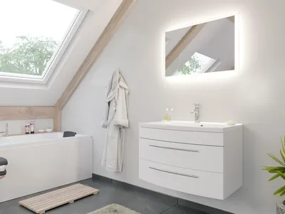 Produktbild von Badmöbel Bella 80 mit runder Front SoftClose lackiert weiss matt LED Spiegel : Weiss matt Varianten: Weiss matt
