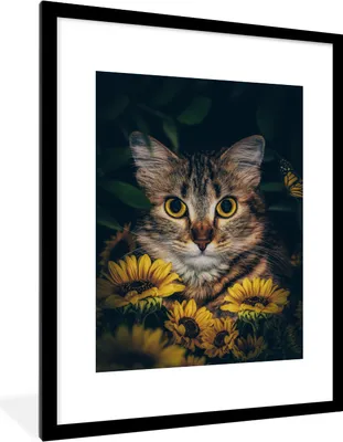 Produktbild von MuchoWow® Gerahmtes Poster Katze - Gelb - Blumen - Botanisch 60x80 cm - Poster mit Schwarzem Bilderrahmen Wandposter Rahmen Foto Bilder - Wohnzimmer - Dekorationen - Prämie