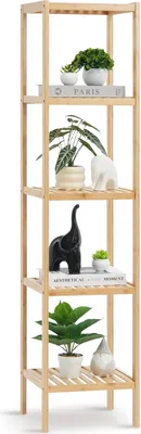 A tall, narrow, five-tier bamboo shelf unit displaying various decorative items and plants.