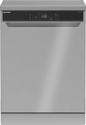 A front view of a silver Sharp dishwasher.