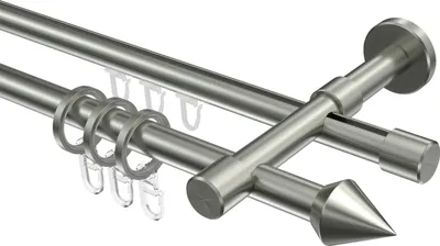 Produktbild von Interdeco Rundrohr-Innenlaufstange / Gardinenstange (Kombination) Edelstahl-Optik, Typ Sinux Castello (Doppelkegel), 16 mm Ø 2-läufig, 320 cm