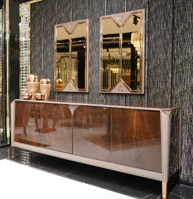 Produktbild von Casa Padrino Luxus Möbel Set Dunkelbraun / Grau / Kupfer / Gold - 1 Luxus Sideboard mit 4 Türen & 2 Luxus Wandspiegel - Esszimmer Möbel - Esszimmer Einrichtung - Luxus Möbel - Luxus Einrichtung