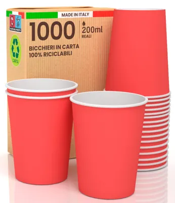 Pappbecher 200 ml, 1000 Stück, biologisch abbaubar, rot, Italien