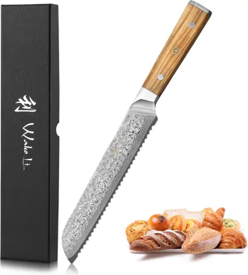 Produktbild von Wakoli Damast Brotmesser 20 cm Klinge mit Olivenholzgriff und Wellenschliff I Serie Oribu