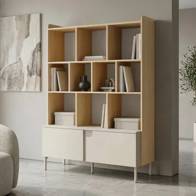Produktbild von BEAUTYSOFA | Bücherregal POSITIVO Regal Macadamia & Eiche Mavelie 113,2 x 160 x 42 cm – Modernes Regal mit Tip-On-System
