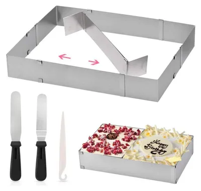 Produktbild von Backrahmen Rechteckig Verstellbar Edelstahl mit Spatel & Tortenmesser Set