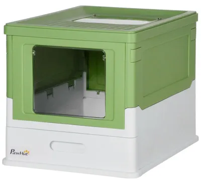 Zdjęcie produktu dla Kuweta dla kota z otworem do wsypywania żwirku i łopatką | Kolor: biały + zielony | Wymiary: 35,5 x 47,5 x 36,7 cm