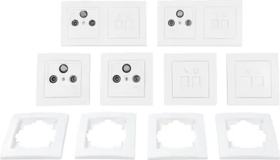 Produktbild von ETT Schalter- und Steckdosen-Set, weiß, matt, 18-teilig, Serie FLAIR, Kunststoff, Multimedia, 80 mm x 80 mm x 40 mm, mit Einsteckschutz, für Arbeits-, Wohn-, Büro- und Kinderzimmer, passend für Hohlwanddosen 68mm-Ø, Horizontal & Vertikal montierbar, Kombinierbar mit FLAIR Rahmen