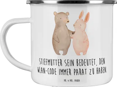 Produktbild von Mr. & Mrs. Panda Emaille Tasse Stiefmutter Heldin - Weiß - Geschenk, becher, Stiefkind, Pott, persönliche Erinnerungen, Geschenke, familie, Herz, technologie, Teetasse