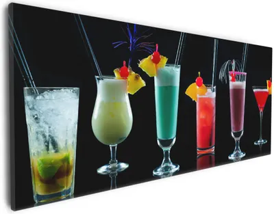 Produktbild von Wallario Premium Leinwandbild Bunte Cocktails vor schwarzem Hintergrund in Größe 30 x 75 cm
