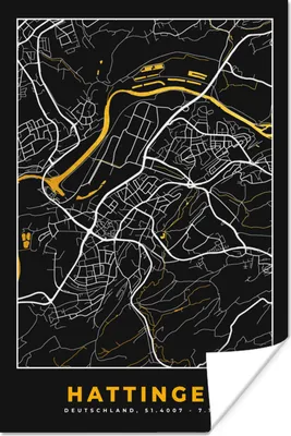 Produktbild von MuchoWow® Poster Karte - Stadtplan - Hattingen - Deutschland - Gold 120x180 cm - Kunstposter