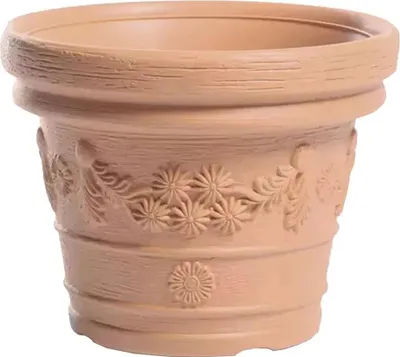 A terracotta flower pot with embossed floral designs.