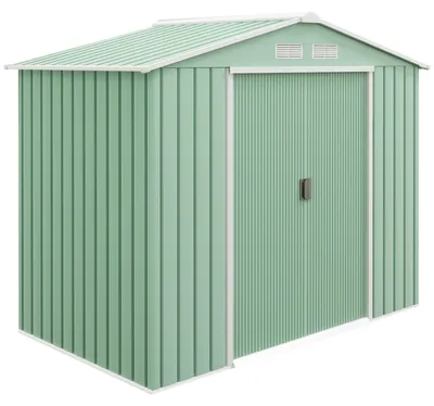 Produktbild von Gartenschuppen, 2 Schiebetüren, Lüftungsfenster, Bodenrahmen, rostfrei, Stahl, hellgrün, 2,13 x 1,30 x 1,85 m