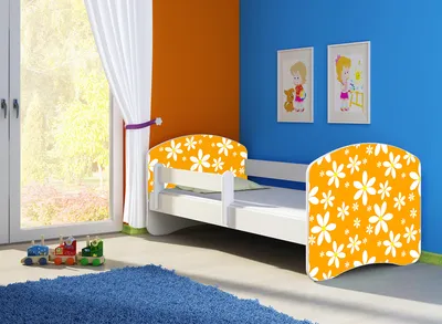 Produktbild von Kinderbett, Babybett 70x140, 80x160, 80x180cm Juniorbett, Kind, Motiv, Schublade CLAMARO, Bett Farbe:24 Orange Daisy, Ausführung:Ohne Bettkasten, Bett Größe:140 x 70 cm