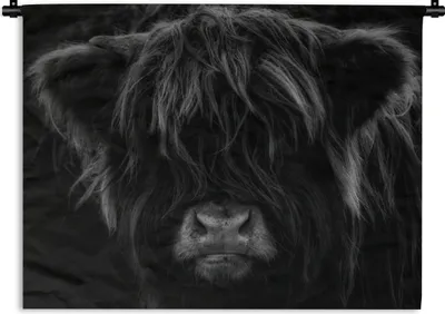 Produktbild von MuchoWow® Wandteppich Wandbehang Schottischer Highlander - Kuh - Porträt - Tiere - Schwarz - Weiß 90x67.5 cm Tapisserie Dekoration Wandtuch - Fototeppich - Wand-Skulpturen