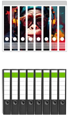 Produktbild von Wallario 8 Stück schmale Ordner inkl. Klebeetiketten mit Motive Chimp - Musik - Set mit Rückenschildern / Ordnerrücken Stickern