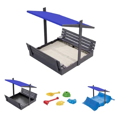 Produktbild von QLS Holz-Sandkasten 150 cm mit Sitzbank und blauem Dach Abdeckung imprägniert 11294